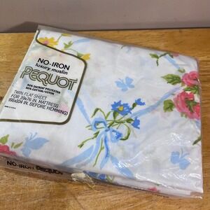 Vtg Pequot Twin Flat Sheet Floral Butterfly Blue Ribbon No-Iron Muslin USA NIP